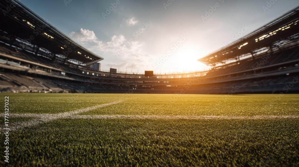 Fototapeta premium Vibrant Sunset Over a Football Stadium Field with Lush Green Grass and Empty Stands Highlighting the Beauty of Sports Architecture