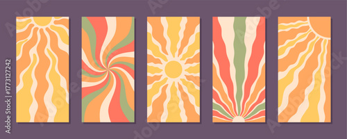 Retro groovy sun burst pattern in vertical background set. sun, wave, swirl and beam blend with orange, yellow and sunshine style as y2k burst. Bold set for vintage summer wall art or poster.