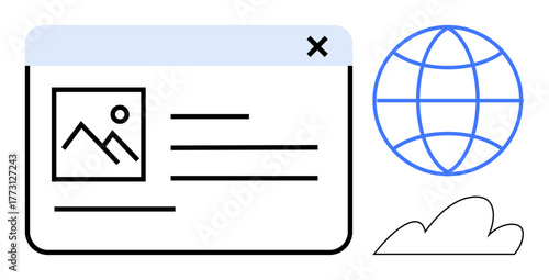 Minimalist browser page layout with image and text lines, globe icon representing global reach, and cloud shape for cloud computing. Ideal for technology, business, web design, data, connectivity