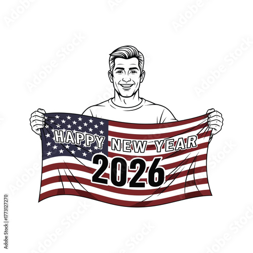 Man holding american flag with happy new year 2026 message celebrating the upcoming year