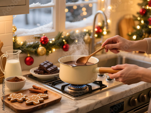 Hands stirring hot chocolate in saucepan on gas stove with milk, gingerbread cookies, and festive Christmas decorations