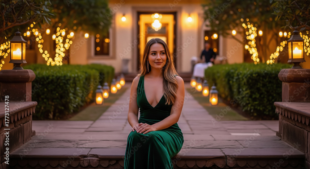 Naklejka premium Elegant young woman in a green velvet dress sitting on steps during a formal outdoor evening event.