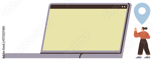 Woman pointing at a location marker next to an oversized laptop screen, emphasizing digital navigation, online learning, virtual meetings, and GPS-based services. Ideal for travel, technology