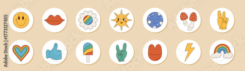 Retro groovy round sticker set with colorful emoji, heart, rainbow, sun, package and lid. These playful circle graphics bring a y2k pop touch to any package or product, perfect for a fun look.