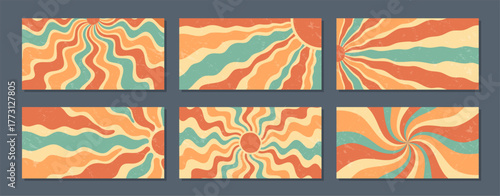 Groovy retro wavy sun burst background set in orange and sunshine tones. Abstract burst and sun motifs blend with a y2k grungy aesthetic for a stylized horizontal grunge effect.