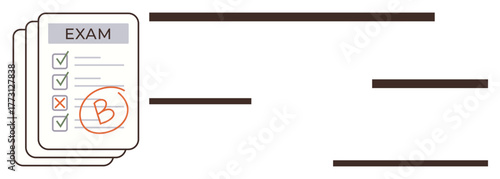 Exam paper with a bold B grade, checklist marks for answers, and additional paper stack. Ideal for education, evaluation, progress, study, performance review, assessment simple flat metaphor