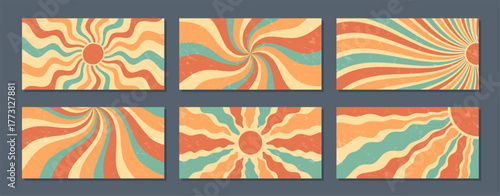 Retro groovy wavy sun burst set in horizontal flat background style. Abstract orange and yellow swirl with grungy effect, y2k sunshine motif and burst shapes for creative trendy wallpaper