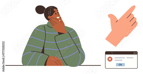Thoughtful person in striped sweater resting chin on hand, next to dismissive hand gesture and error message popup window. Ideal for decision-making, options, doubt, problem-solving, rejection