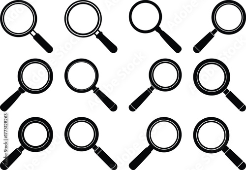 Twelve black magnifying glass icons arranged in a grid on a white background search research 1