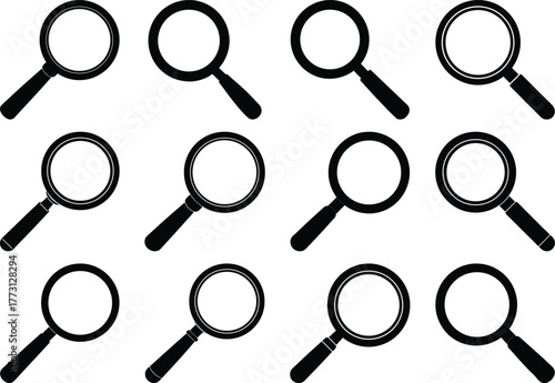 Twelve black magnifying glass icons arranged in a grid on a white background search research