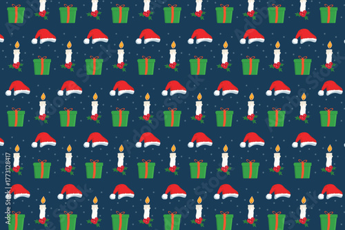 PrintA seamless Christmas vector pattern featuring cozy holiday elements such as trees, gifts, snowflakes, and mugs in warm green and red tones on a cream background. Perfect for wrapping paper, texti