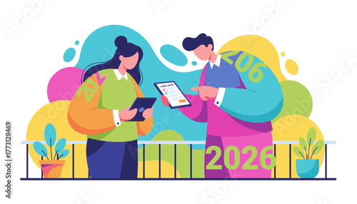 Team analyzing compliance checklist and strategy goals for 2026 using digital tablets