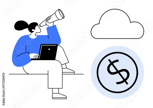 Woman holding telescope next to cloud and dollar icon, searching for financial opportunities. Ideal for entrepreneurship, finance, forecasting, technology, investment, cloud computing, strategy