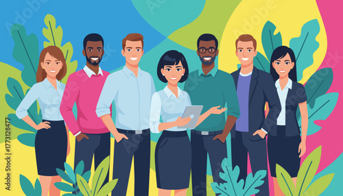 A smiling diverse business team stands against a vibrant naturethemed background symbolizing collaboration