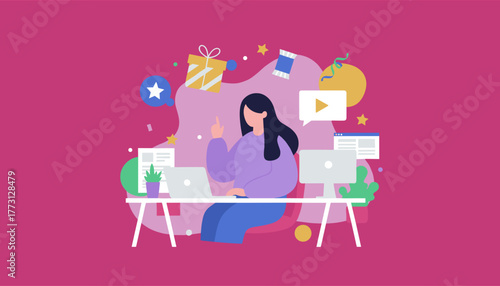 Digital worker presenting a successful idea surrounded by rewards media and technology