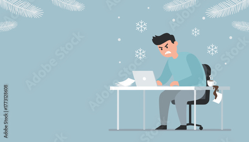 Stressed worker angrily types on a laptop during winter dealing with frustration and deadlines