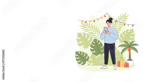 Sad woman checking phone amidst tropical plants and festive lights Holiday isolation concept