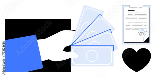 Hand offering cash, document with signature, and heart representing charity, financial aid, and fundraising. Ideal for donations, nonprofit, volunteering, philanthropy social responsibility