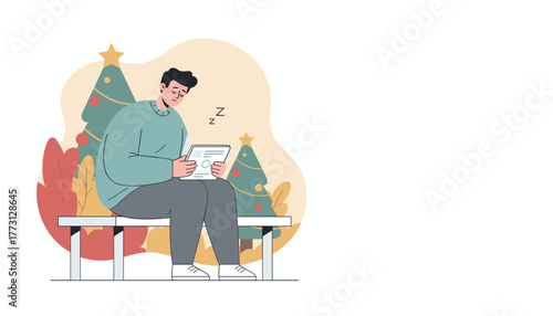 Bored man on bench with tablet near holiday trees feeling exhausted during celebrations
