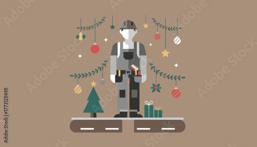 Flat design illustration of a worker celebrating holidays Christmas construction concept