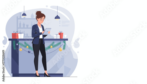 Worried business woman checking tablet at Christmas party counter Festive work stress