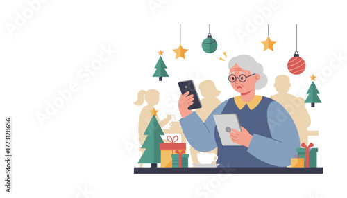 Elderly woman confused by technology struggling with smartphone and tablet during holiday shopping