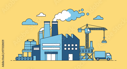Industrial factory complex illustration Manufacturing plant with smokestacks crane truck and production line