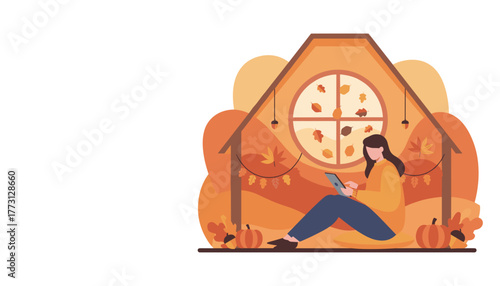 A woman uses a tablet in a cozy autumn setting enjoying fall comfort and remote work