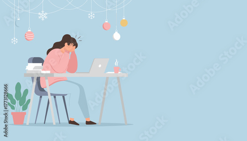 Overwhelmed woman at desk with Christmas decor suffering holiday work stress and burnout