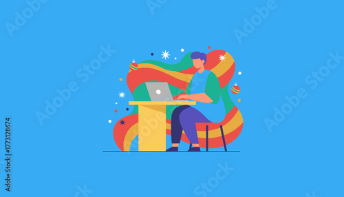 Man working on a laptop at a desk with a colorful abstract festive background Remote work concept