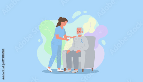 Caring nurse supports senior man with purple awareness ribbon geriatric care and compassion illustration