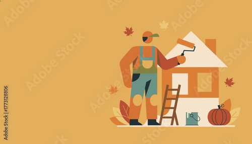 Autumn home repair and maintenance Worker painting house exterior with seasonal decor