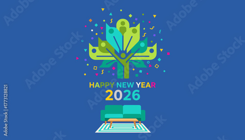 Geometric Happy New Year 2026 illustration with community tree sofa and confetti