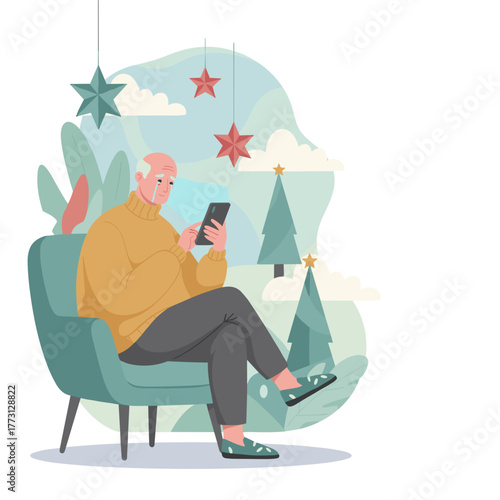 Lonely senior man crying while using a smartphone during the winter holidays