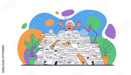 Stressed worker buried under paperwork Overload bureaucracy and deadline pressure concept illustration