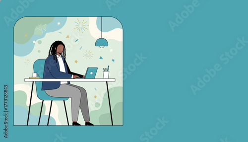 Modern illustration of a professional working remotely on a laptop with a celebratory background