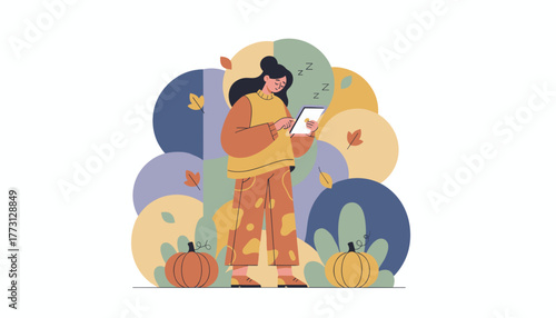 Tired woman scrolling on tablet in cozy fall setting Autumn fatigue digital distraction