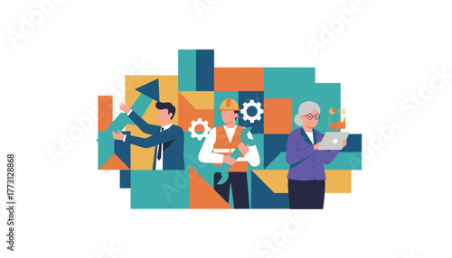 Diverse team illustration professional management skilled worker and data analysis for business growth