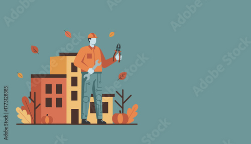 Maintenance technician with tools in an autumn urban setting Smart building service