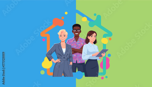 Multiethnic team of professionals standing in a stylized abstract house frame Business and community