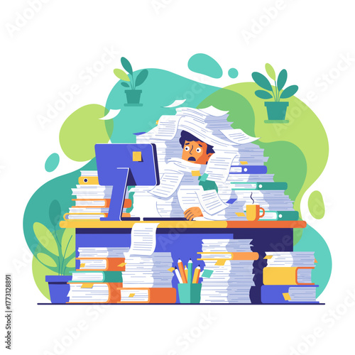 Stressed employee drowning in paperwork and documents at the office desk facing extreme workload