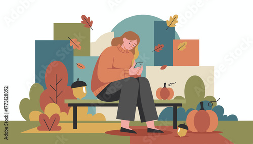 Sad woman sitting on a bench using a phone in a stylized autumn park setting