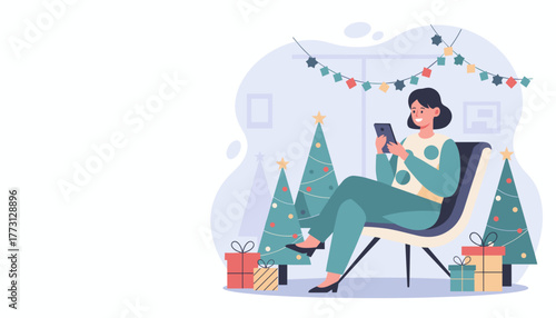 Smiling woman using smartphone while sitting among Christmas trees and gifts Holiday communication