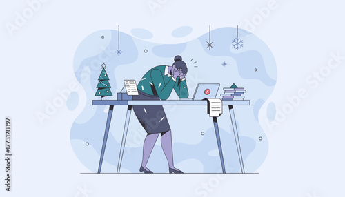 Stressed businesswoman overwhelmed by holiday work deadlines and burnout at her office desk