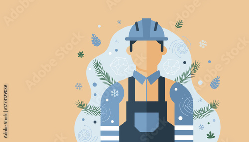 Professional worker in safety gear illustration with winter elements and geometric design