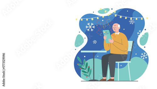 Elderly man frustrated by confusing technology on a tablet during winter holidays