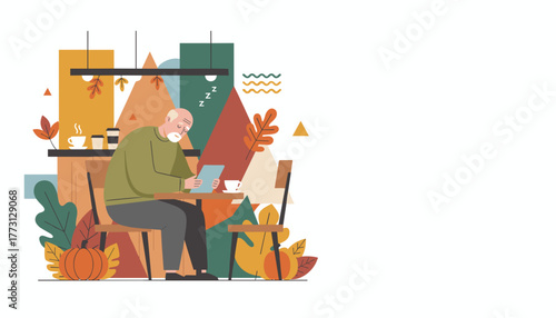 Elderly man falling asleep using tablet in an autumnthemed cafe Tired senior lifestyle