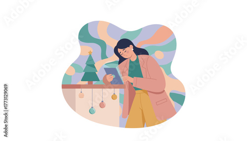 Sad woman using tablet by Christmas decorations Holiday stress online shopping or winter communication
