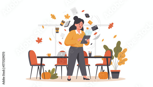 Businesswoman stressed by work overload and busy fall season deadlines