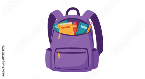 A purple backpack overflowing with books pencils and school supplies
